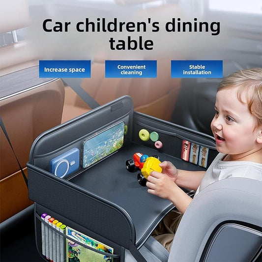 Kids Travel Tray - PU Leather Kids Travel Tray for Car Seat, Desk Organizer Lap Table Stand Holder for Tablet Laptop Cup Snack Airplane Bed Carseat Portable Activity