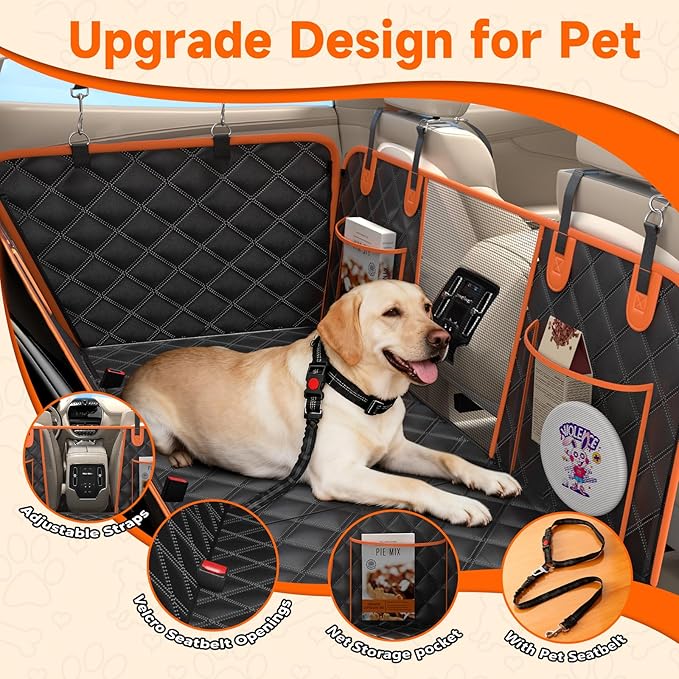 Dog Car Seat Cover for Back Seat, Hard Bottom Holds 500lbs, Waterproof Sturdy Anti Scratch Back Seat Pet Cover for Dogs with Mesh Window & Storage Bag & Dog Safety Belt, for Car SUV Small Truck