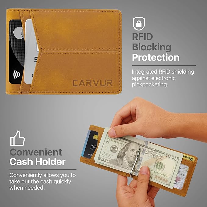 Slim Bifold RFID Blocking Full Grain Genuine Leather Front Pocket Minimalist Thin Wallet with Money Clip for Men - (SB20)