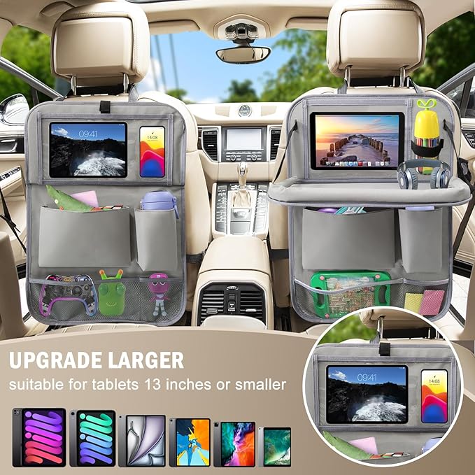2Pack Car Backseat Organizer with Foldable Table Tray,6 Storage Pockets Car Storage Organizer with Tablet Holder,Car Seat Back Protectors Kick Mats Travel Accessories (Grey)