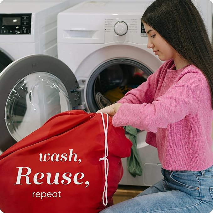 Nylon Laundry Bag - Locking Drawstring Closure and Machine Washable. These Bags will Fit a Laundry Basket or Hamper and Strong Enough to Carry up to Three Loads of Clothes. (Red)