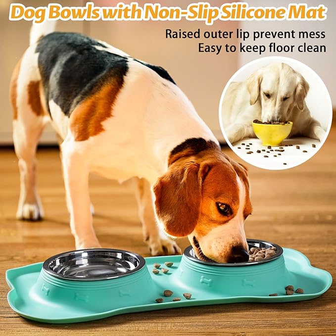 Hubulk Pet Dog Bowls 2 Stainless Steel Dog Bowl with No Spill Non-Skid Silicone Mat + Pet Food Scoop Water and Food Feeder Bowls for Feeding Small Medium Large Dogs Cats Puppies (Medium, Mint Green)