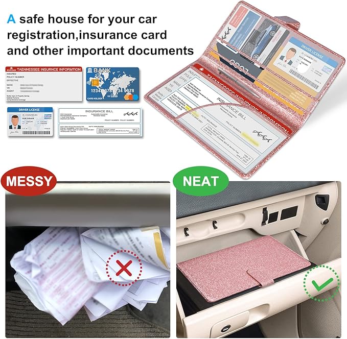 DMLuna Car Registration and Insurance Holder, Leather Vehicle Card Document Glove Box Organizer, Auto Truck Compartment Accessories for Essential Information, Driver License Cards, Glitter Rose