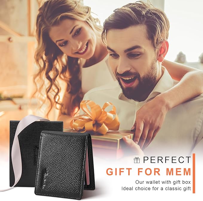 Travelambo Genuine Leather Wallet for Men with Gift Box - Handmade Bifold Stylish - Mens Wallets Rfid Blocking with 2 ID Windows
