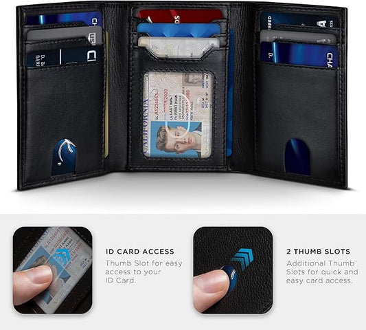 SERMAN BRANDS Trifold Wallet for Men - RFID Blocking Genuine Leather, 11 Card Slots & ID Window, Slim Everyday Carry, Durable Stitching, Gift for Him