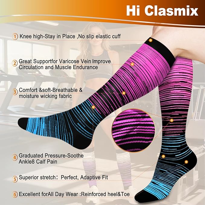 Graduated Compression Socks for Women&Men 20-30mmhg Knee High Socks Travel Hiking Running Stocking