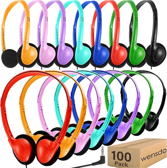 100 Pack Bulk Headphones for Classroom School Kids, Wholesale Class Set Durable Headset for Student Boys Girls Adults, Wired Earphones with 3.5mm Jack for Computer Chromebook (HY857,100 Mixed)