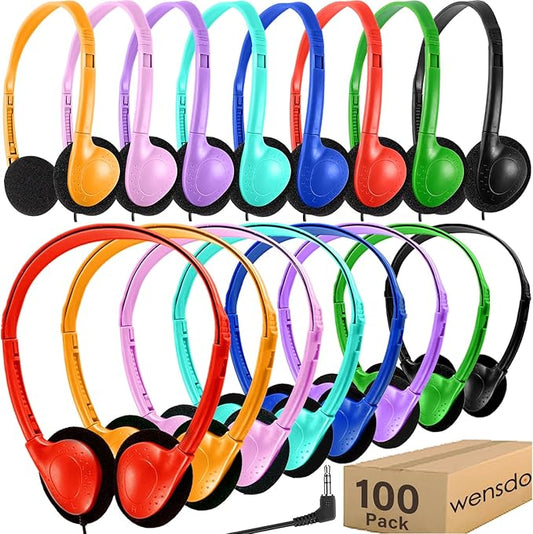 100 Pack Bulk Headphones for Classroom School Kids, Wholesale Class Set Durable Headset for Student Boys Girls Adults, Wired Earphones with 3.5mm Jack for Computer Chromebook (HY857,100 Mixed)