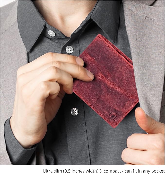 Oak Leathers Slim Leather Wallet for Men - RFID Blocking Slim Minimalist Front Pocket - Thin & Stylish with ID Window, Gift For Men (Vintage Plum)