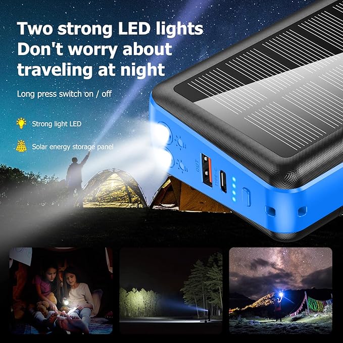 Portable Charger with Built in Cable and Wall Plug 50000mAh PD30W Fast Charging Solar Power Bank with 5 Output & 2 Input Dual LED Flashlights Phone Holder External Battery Pack (Blue)