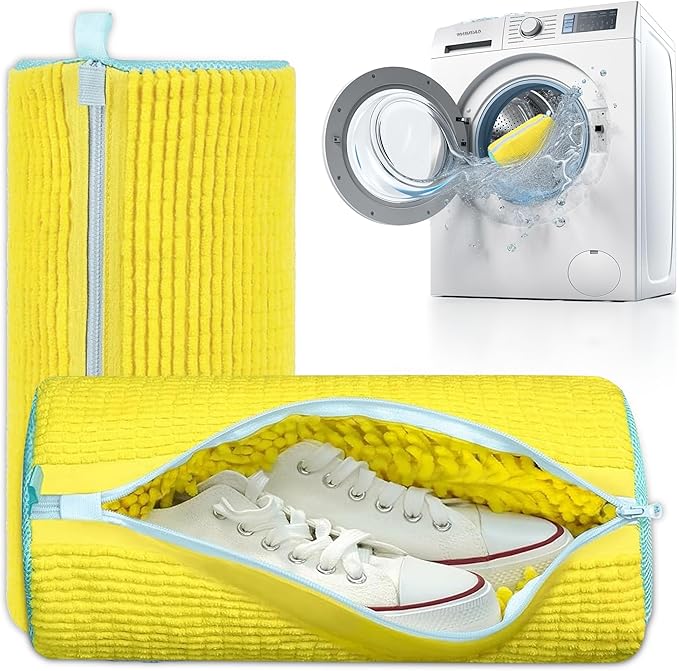 XXL Shoe Washing Machine Bag - 2 Pcs Set - 360° Resuable Shoe Bag for Washing Machine and Dryer - Wrap Shoe Washing Bag for Sneakers, Boots & Delicate Footwear (Yellow)