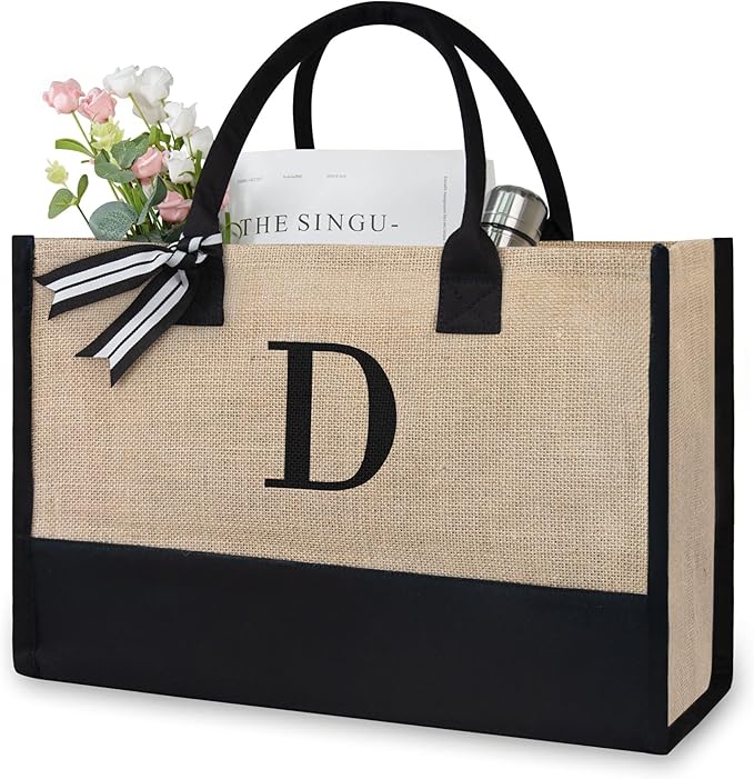 TOPDesign Personalized Initial Canvas Beach Bag, Monogrammed Gift Tote Bag for Women