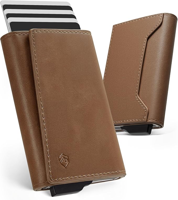 YESIIW Premium Genuine Leather Wallet for Men - Pop up Slim wallet for 8-10 Card Capacity | 1 ID Window | Cash Slot - Smart Mens Wallet Card Case with RFID Blocking - Thin, Front Pocket (Brown)