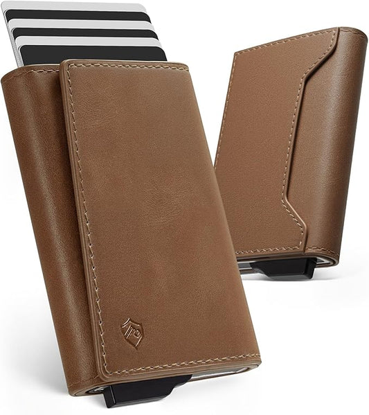 YESIIW Premium Genuine Leather Wallet for Men - Pop up Slim wallet for 8-10 Card Capacity | 1 ID Window | Cash Slot - Smart Mens Wallet Card Case with RFID Blocking - Thin, Front Pocket (Brown)