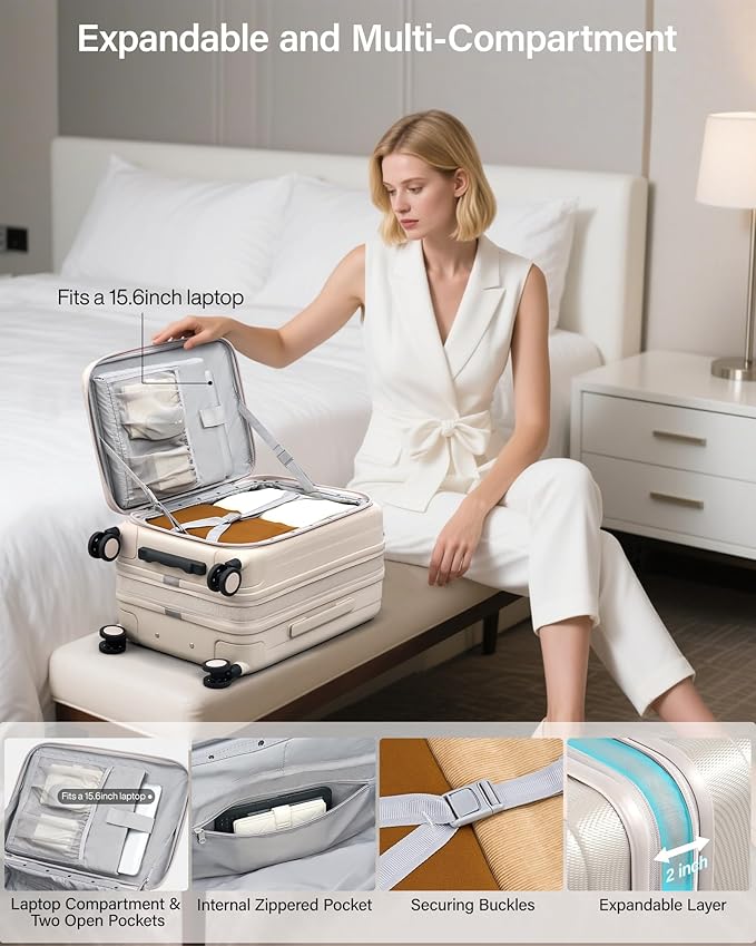 Hanke 20 Inch Expandable Carry On Luggage Airline Approved Top Opening Hard Shell Suitcases with Wheels Lightweight Travel Luggage Carry On Suitcase for Woman Men-Ivory White