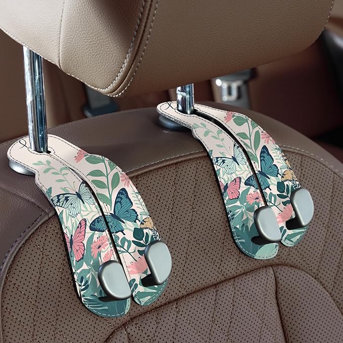 CoBak Purse Hook for Car - Universal Premium Stitched Leather and Aluminum-Magnesium Alloy Double Car Seat Back Storage Hook for Purses, Handbags, Bags (2 Pack),Whipering Garden