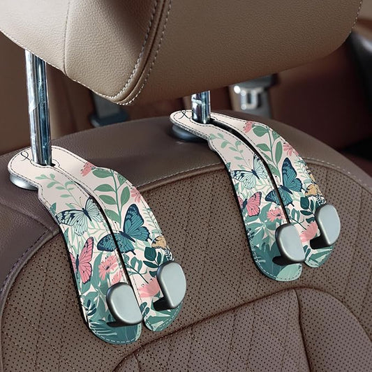 CoBak Purse Hook for Car - Universal Premium Stitched Leather and Aluminum-Magnesium Alloy Double Car Seat Back Storage Hook for Purses, Handbags, Bags (2 Pack),Whipering Garden
