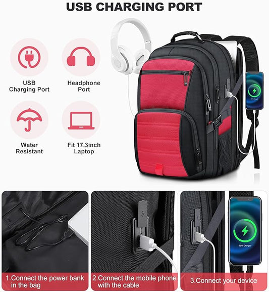 50L Extra Large Backpack,Laptop Backpack, Travel Backpack for Men, Big Backpack, Water Resistant School Approved Business Work Computer Heavy Duty Bag with USB Port, Fits 17 Inch Laptop, Red
