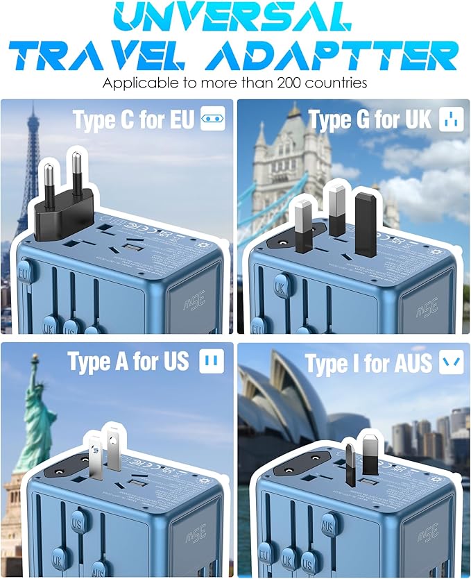 35W PD Universal Travel Adapter with 5 USB Ports and 2500W AC Outlets, PD Fast Charging International Plug Converter Travel Charger Multi Plugs All in One for EU US UK AUS 200+ Countries