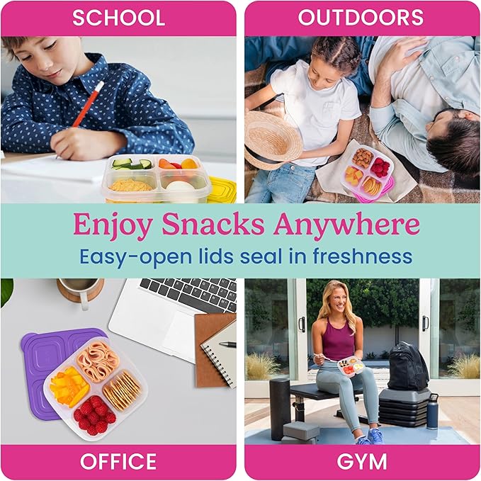 Bentgo Easyboxes 4-Compartment Snack Containers - 8-Piece Set with 4 Trays & 4 Custom-Fit Lids to Seal in Freshness - Reusable Food Storage & Meal Prep Bento BPA-Free Containers (Brights)