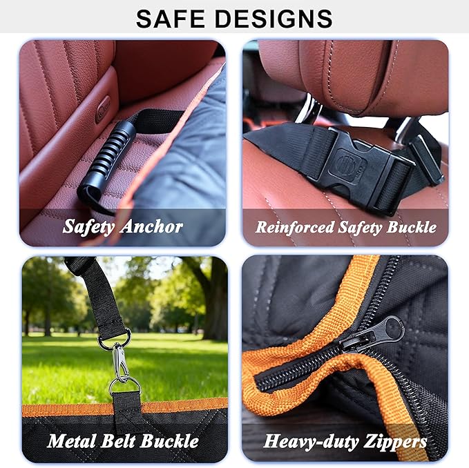 Hard Bottom Back Seat Extender for Dogs, Waterproof Dog Car Seat Cover, 420lb Support, 600D Heavy Duty Car Seat Protector Dog Hammock for Sedan, SUV, Small Truck(Black & Orange)