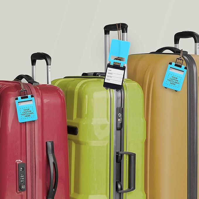 10 Mini Carry-on Luggage Tags Pack - Customizable Text, Logo - Flip Open Cover, ID Sticker - Light Blue