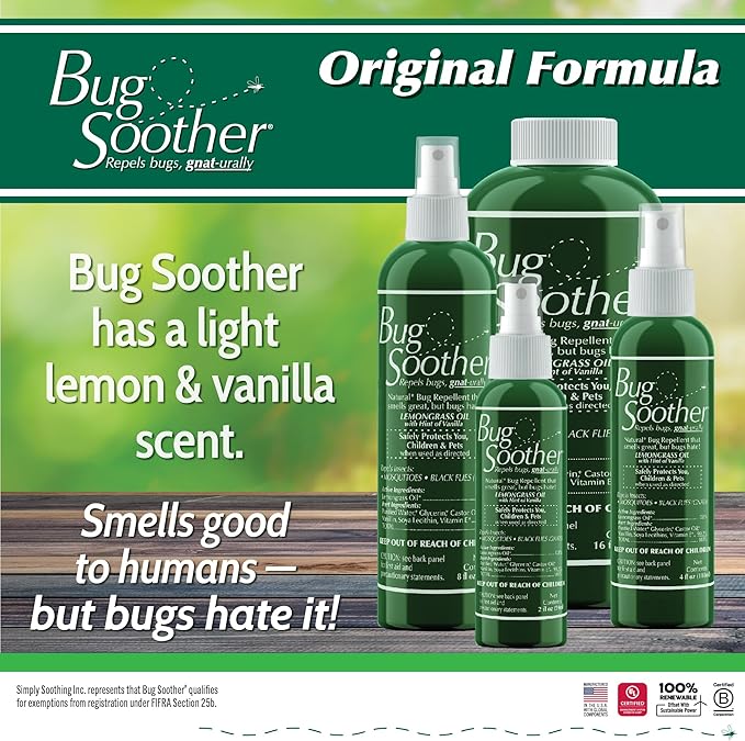 Bug Soother Spray (3, 4oz) - Natural Mosquito, Gnat & Insect Deterrent & Repellent with Essential Oils - 100% DEET-Free Safe for Adults, Babies, Pets, & Environment - Made in USA - Includes 1 oz