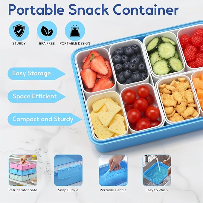 Snackle Box Container for Adults, 11 in 1 Divided Serving Tray Snack Box Containers with Stackable Compartment and Handle, Customizable Charcuterie Boxes Portable Snack Platter for Party Travel, Blue