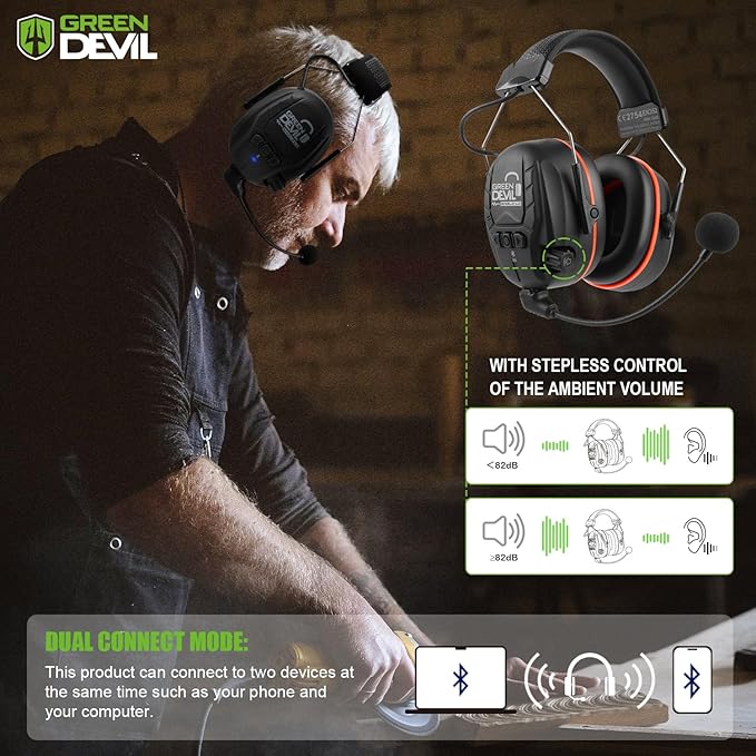 GREEN DEVIL Electronic Bluetooth Hearing Ear Protection Headphones With Boom Microphones 27dB Noise Cancelling Earmuffs