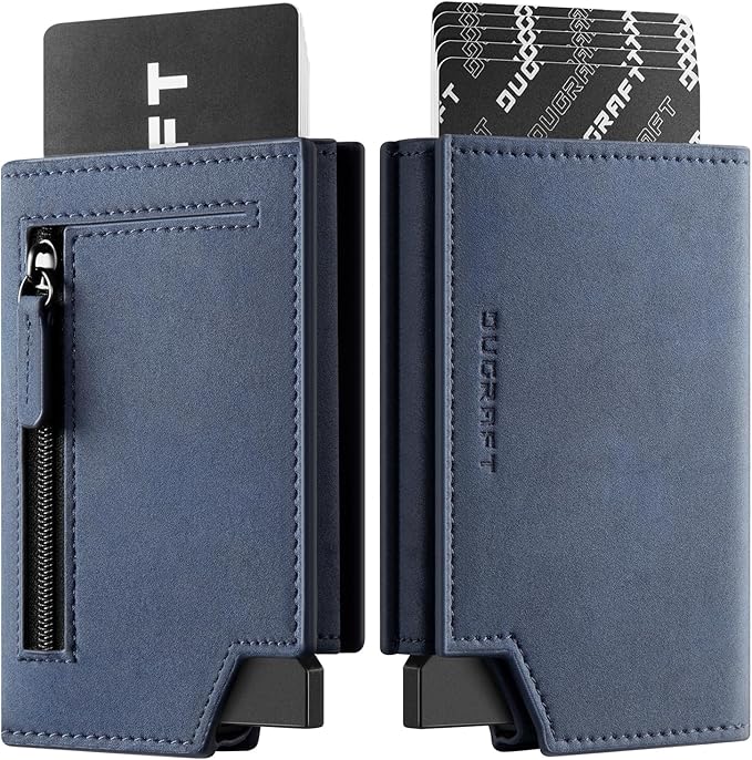 DUGRAFT Bifold Pop Up Wallet for Men, Slim Leather Credit Card Holder with Zipper Minimalist Women Magnetic Cash Coins Pocket Wallets RFID Blocking(Blue)