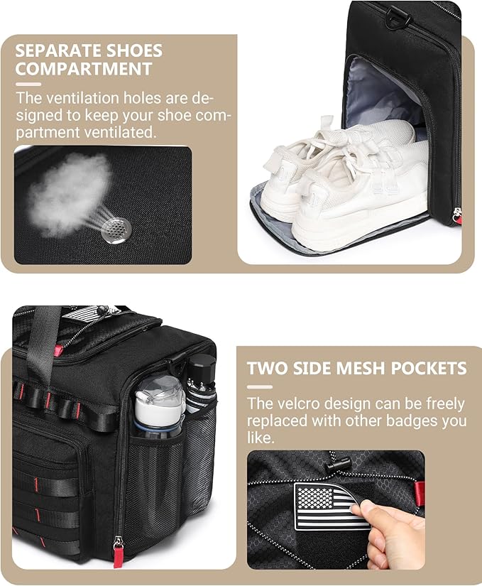 MCBD Gym Bags for Men & Women, 45L Travel Duffle Sports Backpack with Shoes & Laptop Compartment, Large Workout Carry On Bag Weekender Overnight Tote, Black