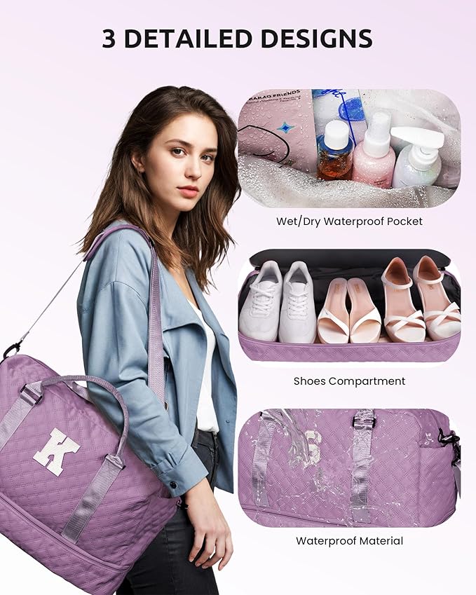 Vogewood Personalized Gifts-Girls Duffle With Shoe Compartment, Personalized Weekender, Monogram Overnight Bag, Letter Travel With Makeup Bag, Birthday Gift For Women Girl (Letter L)