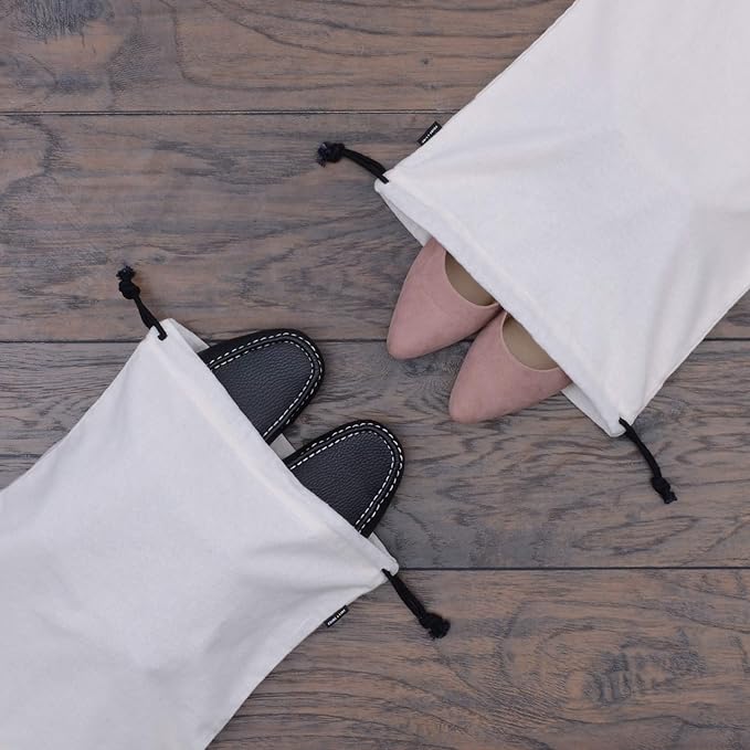 ZENPAC Travel Shoe Bag, Beige Duster Flannel Pouch Drawstring Closure, Washable Breathable Cotton Fabric for Cowboy Boot Storage, Luggage, 12x17, 2 Pack