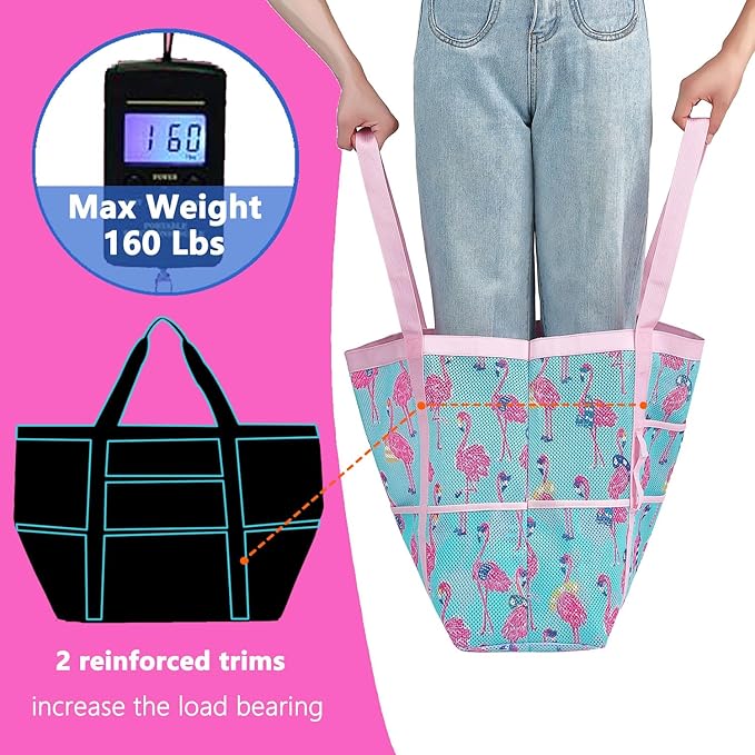 Mesh Beach Bag, Large Beach Tote with Zipper Pocket for Family Pool Bag for Toys & Vacation Essentials