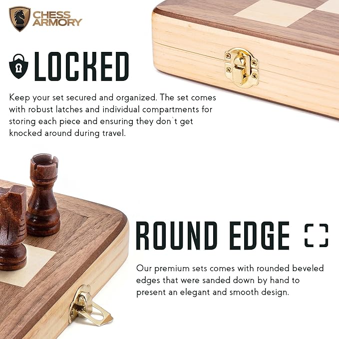 Chess Armory Wooden Chess Set 15 Inch - Classic Handcrafted Game Board for Adults and Kids with Extra Queen Pieces and Storage Box - Ideal for Home and Travel - Non-Magnetic