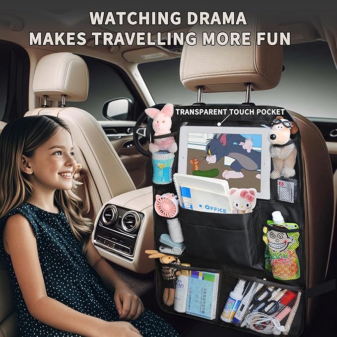 Backseat Car Organizer with Touch Screen Tablet Holder, Storage Pockets, Foldable Food Tray, Kick Mats Back Seat Protector, Travel Accessories for Kids and Adults (Rear Seat Organizer-2pc)
