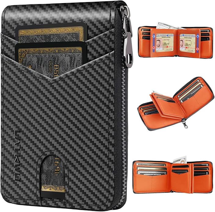 Men’s RFID Blocking Zipper Wallet with 2 ID Windows - Large Capacity Design, 13 Credit Card Slots