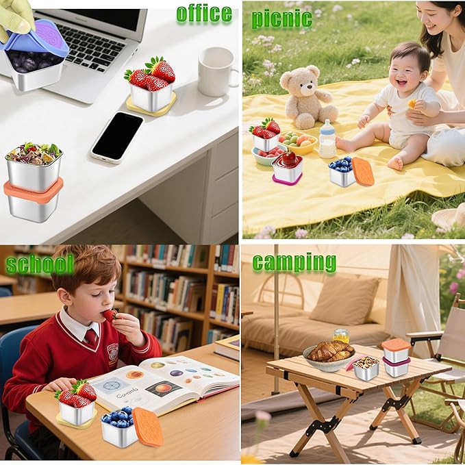 sagact 304 Premium Stainless Steel Snack Containers with Silicone Lids, Snackle Box Containers, Easy-Open Leak-Proof Kids for Taking Out for a Picnic, Lunch Box and Travel. (All-6, 2 OZ)