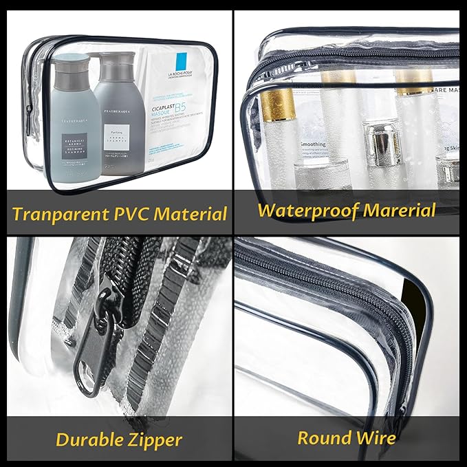 16 Pieces Clear Makeup Bags Bulk, TSA Approved Toiletry Bag for Travel, PVC Waterproof Travel Pouches Clear Pouch with Zipper for Men and Women Carry-on Travel Essentials Cosmetic Bags (Black-M)