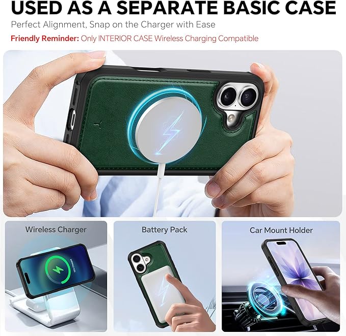 TUCCH Detachable Case Wallet for iPhone 17 (6.3") 2025, Removable Wrist Strap, Wireless Charging, Stand, 4 Card Slots RFID Blocking, 2-in-1 Magnetic, PU Leather, Shockproof Folio Cover, Evergreen