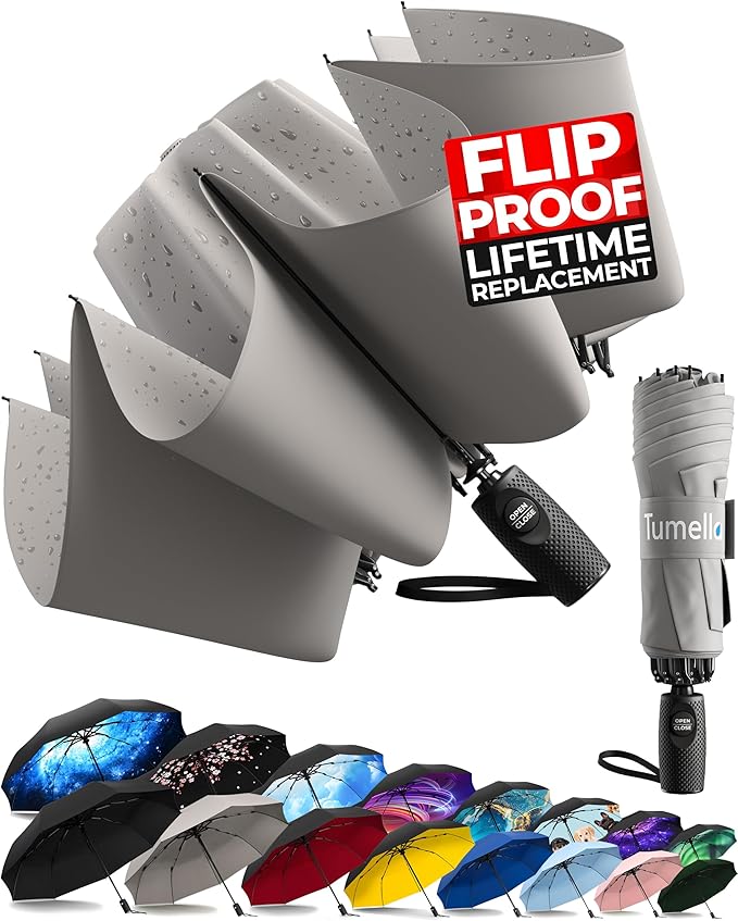 TUMELLA Flip-proof Inverted Travel Umbrella, Small Strong but Light Portable and Automatic Reverse Folding Rain Umbrella, Durable Premium Grip, Fits Car & Backpack