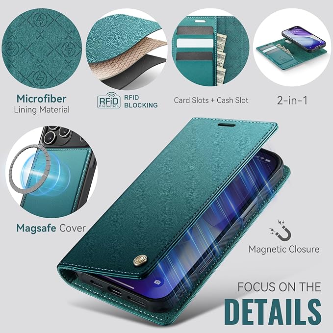 PlusnapX Wallet Case for iPhone 17 Pro Max Compatible with Magsafe, 2-in-1 PU Leather Flip RFID Blocking Card Holder Stand Shockproof Magnetic Detachable Cover for iPhone 17 Pro Max 6.9", Bluegreen