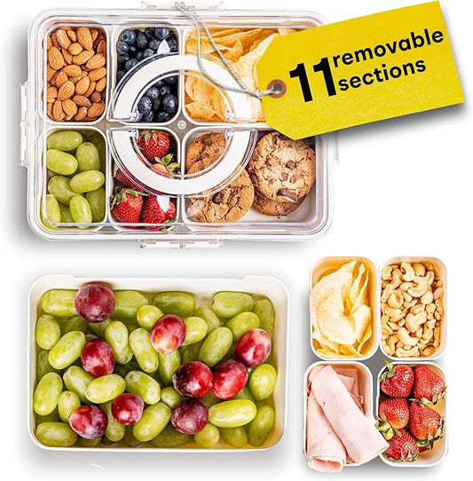 Dishwasher Safe Snackle Box Container 11 Removable Compartments - Divided Serving Tray with Lid and Handle - Portable Snack Box BPA Free - Premium PCTG Plastic Snack Tray