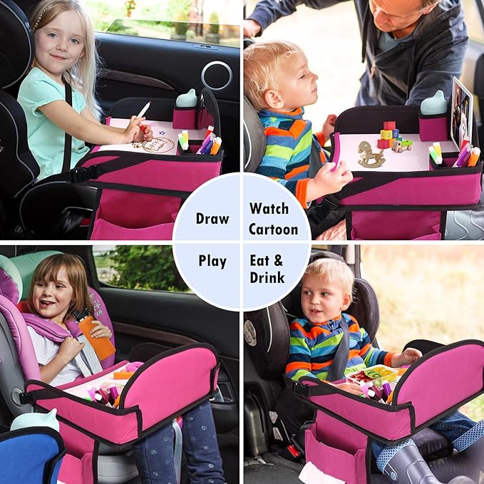 WENRENER Kids Travel Tray for Airplane - Toddler Car Seat Table Tray, Road Trip Essentials for Boys & Girls, Carseat Lap Desk for Kids Road Trip Activities (Pink)