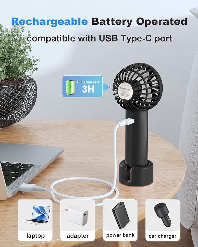 Coohea 2-Pack Pink & Black Handheld Fan, Small Cute Design, 3 Powerful Speeds, Operated by USB/Rechargeable Battery, Portable Personal Fan with Base & Lanyard, for Eyelash Makeup Travel Beach Desk