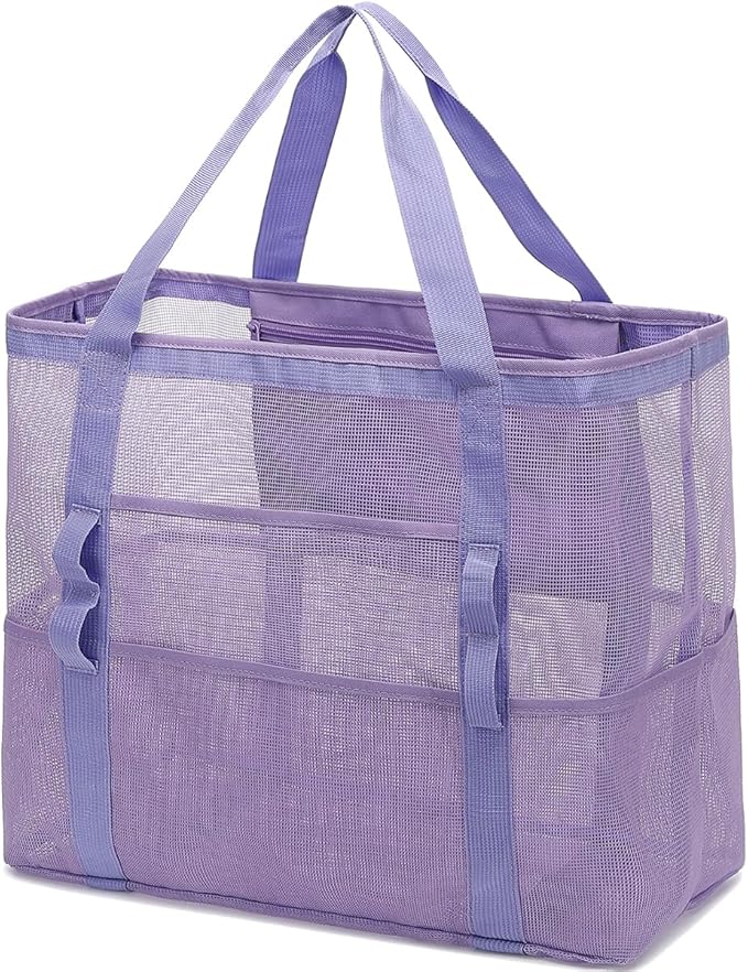 Mesh Beach Bag, Large Beach Tote with Zipper Pocket for Family Pool Bag for Toys & Vacation Essentials