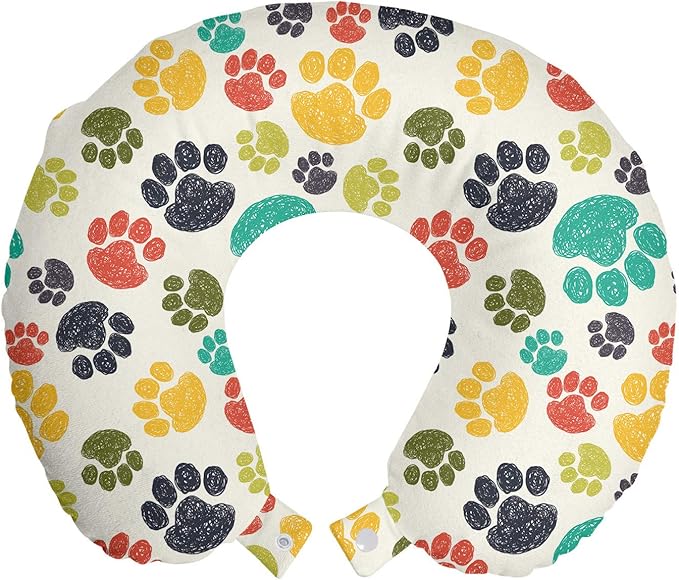 Ambesonne Dog Lover Travel Pillow Neck Rest, Hand Drawn Paw Print Doodles Circular Pattern Drawing Style Animal, Memory Foam Traveling Accessory for Airplane and Car, 12", Charcoal Beige