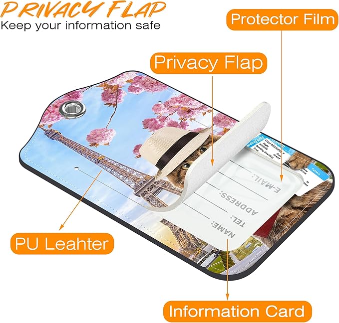 2 Pack Luggage Tag for Suitcase Funny Cat Passport Leather Travel Cruise Luggage Tag with Stainless Steel Loop Name ID Label Privacy Cover for Adults Teens Travel Bag Labels Set