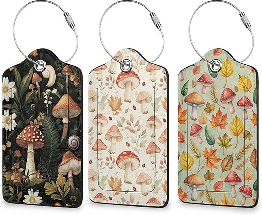 Cute Mushroom Luggage Tags for Suitcases, 3 Pack Leather Bag Tag Identifiers with Stainless Steel Loop and Address Card for Men Women