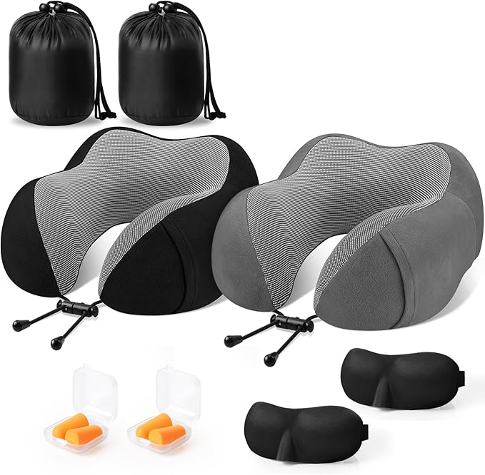 CloudBliss Travel Pillow Premium Memory Foam, Comfortable & Supportive Neck Pillow, Neck Pillows for Sleeping Travel, Airplane Pillow for Sleeping Airplane, Car, Office and Home（Black & Dark Grey）